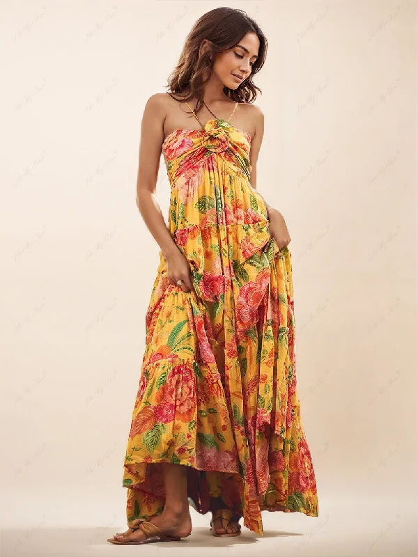 Hanging Neck Printed Floral Graceful Design Backless Straight Maxi Dress Trendy Fit-and-Flare Maxi Dress Hanging Neck Printed Floral Graceful Design Backless Straight Maxi Dress Trendy Fit-and-Flare Maxi Dress