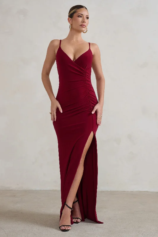 Jeanne | Berry Red Plunge Ruched Cami Maxi Dress With Split Cozy Knitted Maxi Dress