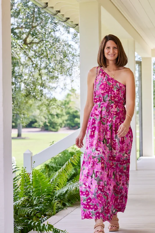 Joyce One-Shoulder Belted Tie Maxi Dress in Pink Ikat Floral Chic Boho Print Maxi Dress