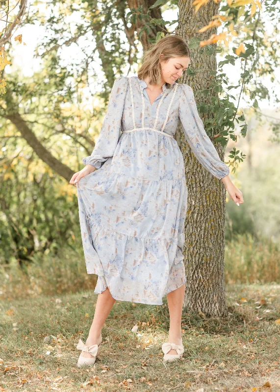 Lace Trim Long Sleeve Maxi Dress Fashionable Layered Maxi Dress