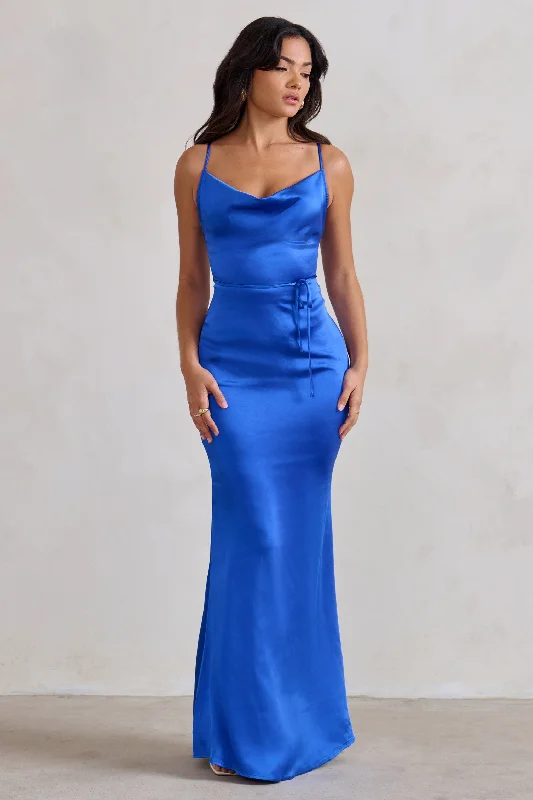 Lifetime | Cobalt Blue Satin Cowl Neck Maxi Dress With Cross Back Detail Cozy Wrap Maxi Dress Lifetime | Cobalt Blue Satin Cowl Neck Maxi Dress With Cross Back Detail Cozy Wrap Maxi Dress
