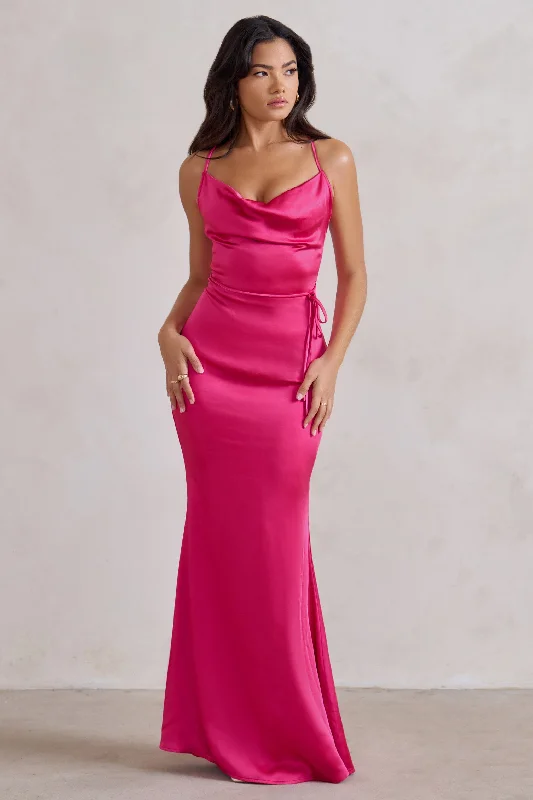 Lifetime | Fuchsia Pink Satin Cowl Neck Maxi Dress With Cross Back Detail Comfortable Casual Maxi Dress
