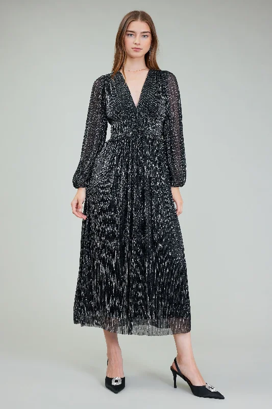 Lurex Pleated Maxi Dress Comfortable Maxi Dress with Belt