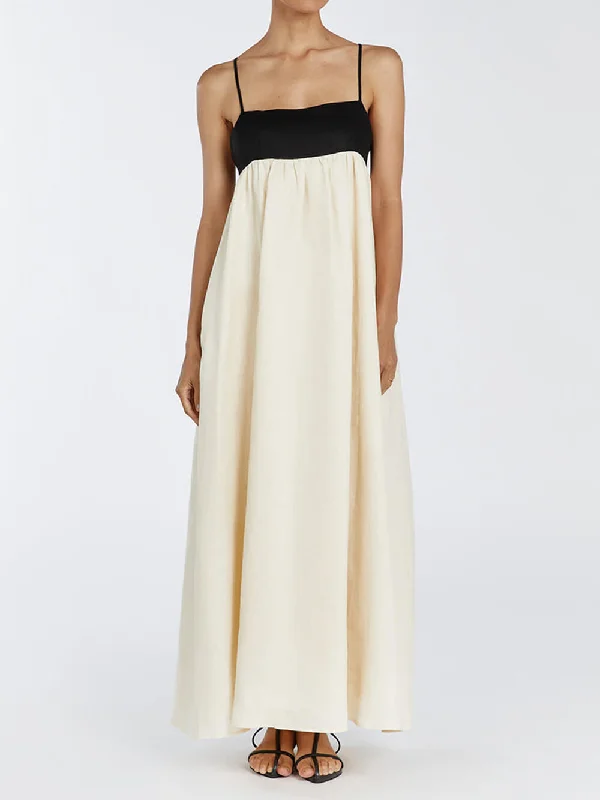 Loose Suspender Black And Graceful White Patchwork Maxi Dress Comfortable Ruffle Hem Maxi Dress