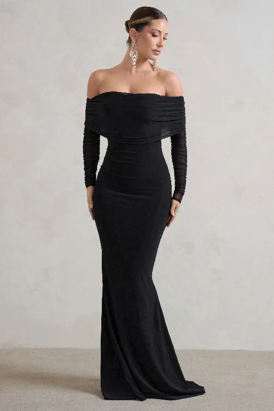 Madeleine | Black Fishtail Maxi Dress With Bardot Mesh Long Sleeves Stylish Boho Maxi Dress Madeleine | Black Fishtail Maxi Dress With Bardot Mesh Long Sleeves Stylish Boho Maxi Dress