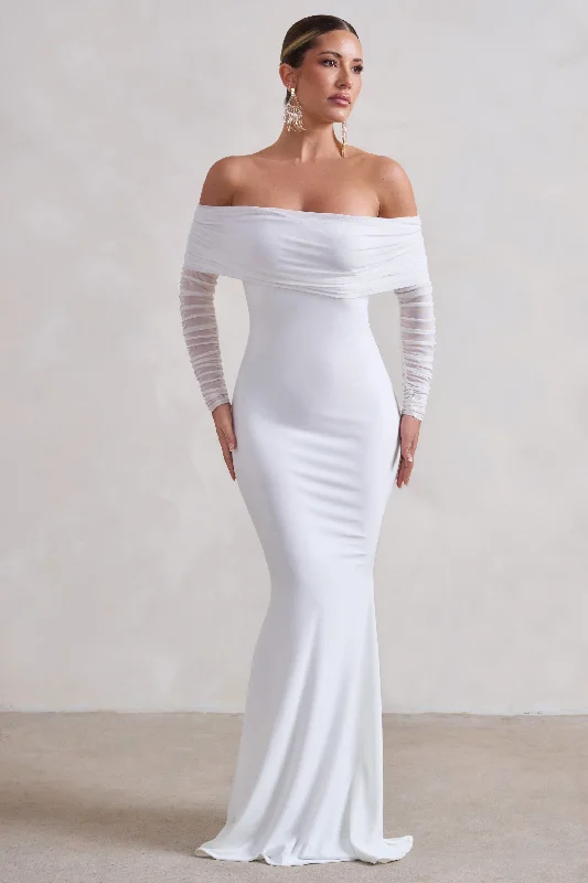 Madeleine | White Fishtail Maxi Dress With Bardot Mesh Long Sleeves Trendy Maxi Dress with Belt Madeleine | White Fishtail Maxi Dress With Bardot Mesh Long Sleeves Trendy Maxi Dress with Belt