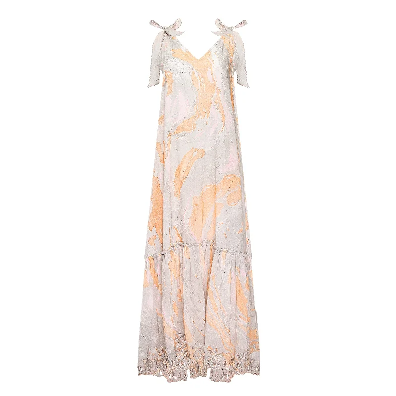 Marble Print V-Front maxi Dress w/Cut out Embro Blue/Peach Stylish A-Line Maxi Dress