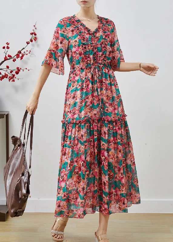 Modern Red Ruffled Print Chiffon Maxi Dresses Summer Elegant Sleeveless Maxi Dress