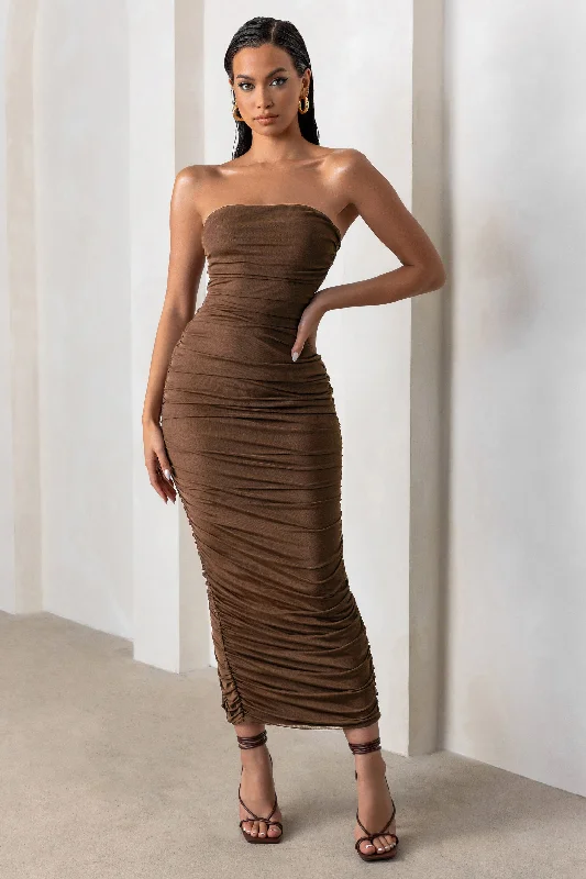 My Lady | Chocolate Brown Strapless Bodycon Ruched Mesh Maxi Dress Fashionable Layered Maxi Dress