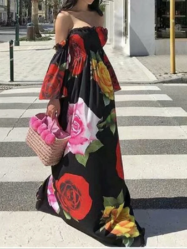 Off Shoulder Floral Print Elastic Summer Beach Long Women Maxi Dress Elegant Boho Maxi Dress Off Shoulder Floral Print Elastic Summer Beach Long Women Maxi Dress Elegant Boho Maxi Dress