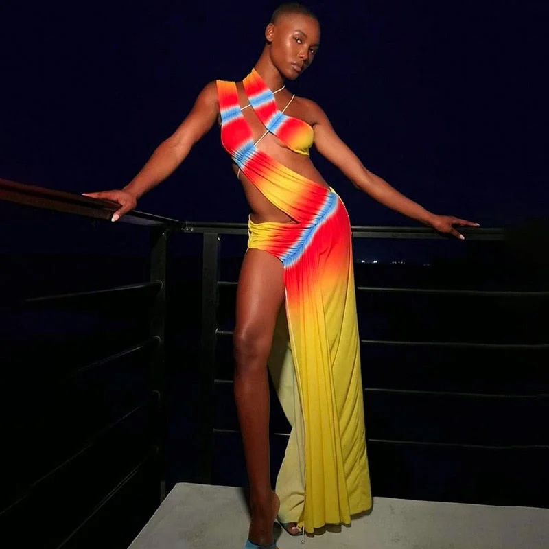 One Shoulder Cut Out Gradient Elegant Maxi Dress Fall Ruched Split Women Sexy Backless Long Dresses Party Festival Boho Fashionable Sheer Maxi Dress