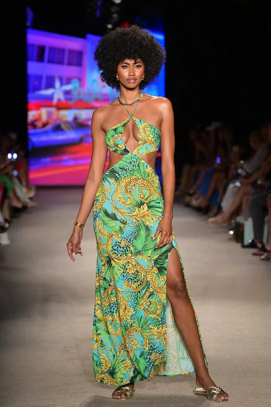 PALM ISLAND - Halter Keyhole Cut Out Maxi Dress • Multicolor Runway Comfortable Ruffle Maxi Dress PALM ISLAND - Halter Keyhole Cut Out Maxi Dress • Multicolor Runway Comfortable Ruffle Maxi Dress