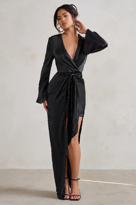 Patricia | Black Extreme Plunge Long Sleeve Maxi Dress With Tie Detail Trendy Short Sleeve Maxi Dress