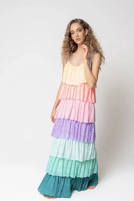 Pastel Rainbow Maxi Dress - Rainbow Tiered Dress Comfortable Plunging Neckline Maxi Dress