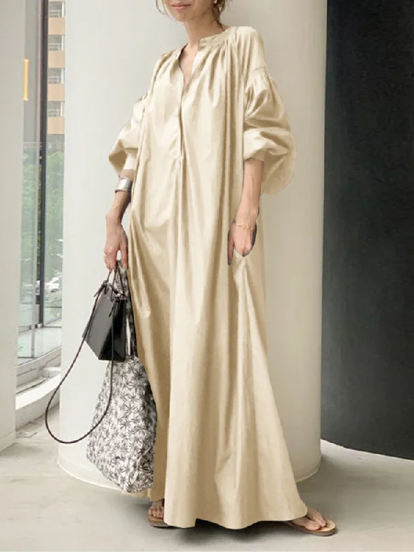 Puff Sleeve Stand Collar Pure Color Swing Shirt Casual Pocket Women Maxi Dress Fashionable Maxi Dress with Fringe Puff Sleeve Stand Collar Pure Color Swing Shirt Casual Pocket Women Maxi Dress Fashionable Maxi Dress with Fringe