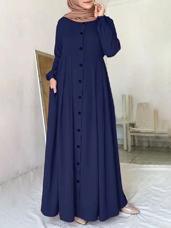 Pure Color Button Down Front O-neck Pleated Puff Sleeve Pocket Women Maxi Dress Cozy Maxi Dress with Slit Pure Color Button Down Front O-neck Pleated Puff Sleeve Pocket Women Maxi Dress Cozy Maxi Dress with Slit