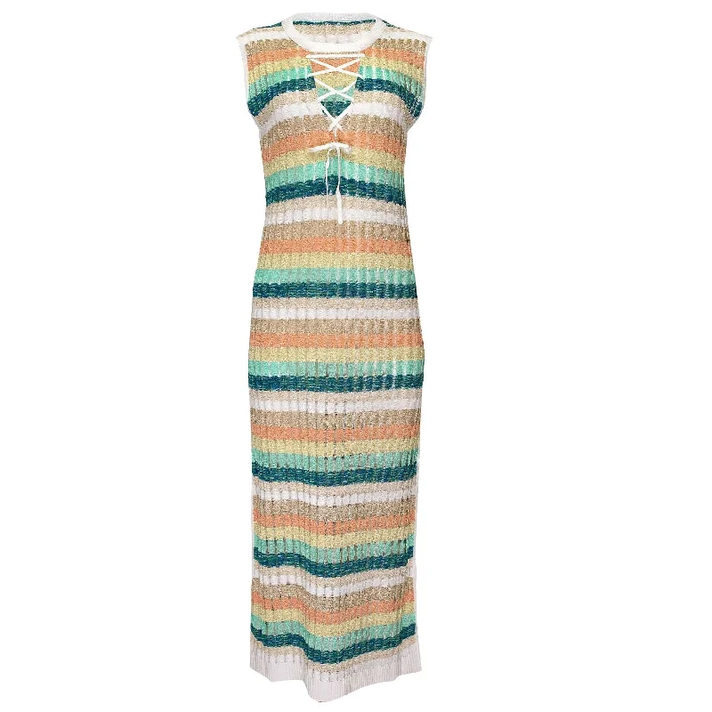 Racking Knit Maxi Dress with Criss Cross Front Neckline White/Green Elegant Lace-Up Maxi Dress Racking Knit Maxi Dress with Criss Cross Front Neckline White/Green Elegant Lace-Up Maxi Dress