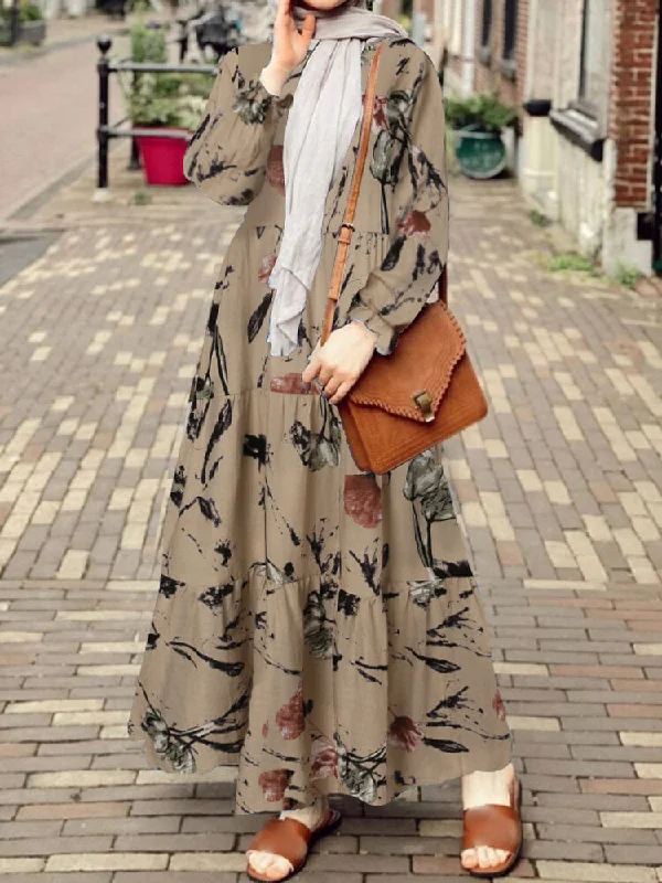 Retro Floral Printing Puff Sleeve O-neck Casual Holiday Women Maxi Dress Trendy Maxi Dress with Belt Retro Floral Printing Puff Sleeve O-neck Casual Holiday Women Maxi Dress Trendy Maxi Dress with Belt