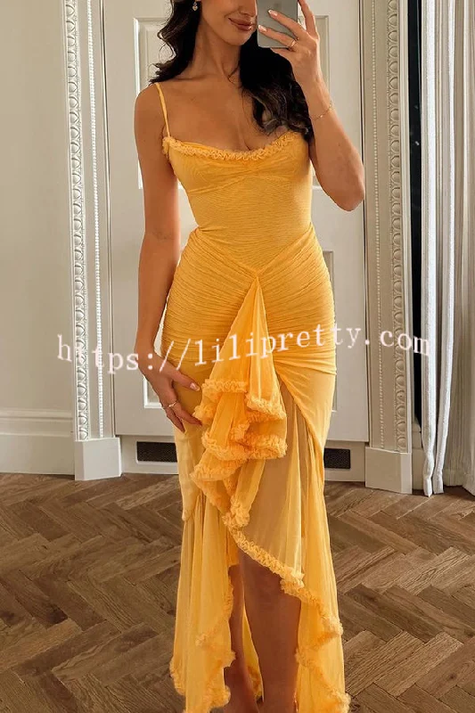 Retro Romantic Style Mesh Ruffle Trim Ruched Slit High Low Maxi Dress Trendy Ruffled Maxi Dress Retro Romantic Style Mesh Ruffle Trim Ruched Slit High Low Maxi Dress Trendy Ruffled Maxi Dress