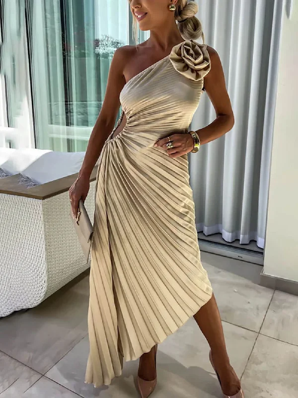 Romantic Night Guilloche Stretch Hollow Trendy One Shoulder Pleated Maxi Dress Cozy Maxi Dress with Slit Romantic Night Guilloche Stretch Hollow Trendy One Shoulder Pleated Maxi Dress Cozy Maxi Dress with Slit