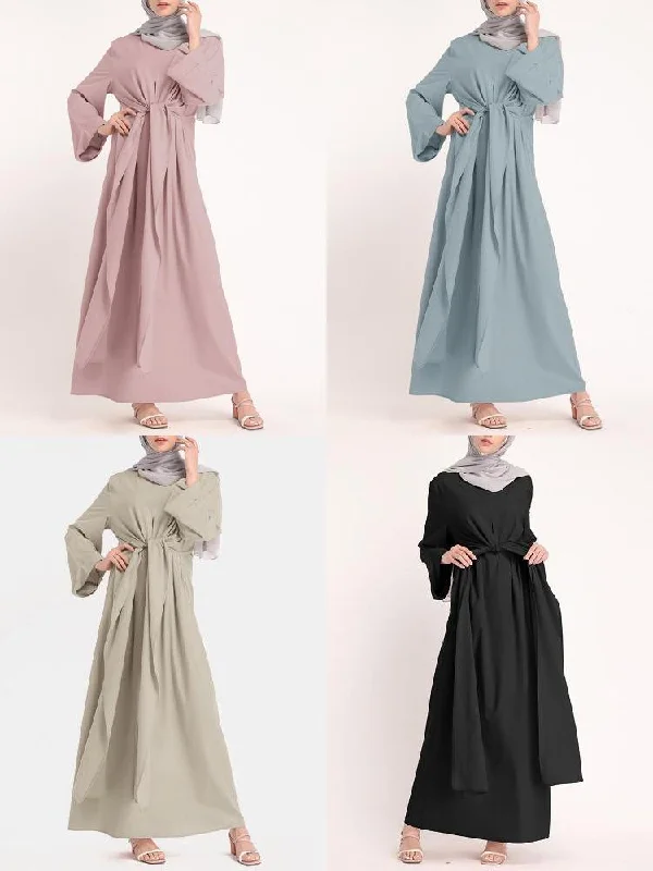Round Neck Pure Color Lace-up Twist Ankle Length Kaftan Women Maxi Dress Trendy Short Sleeve Maxi Dress Round Neck Pure Color Lace-up Twist Ankle Length Kaftan Women Maxi Dress Trendy Short Sleeve Maxi Dress