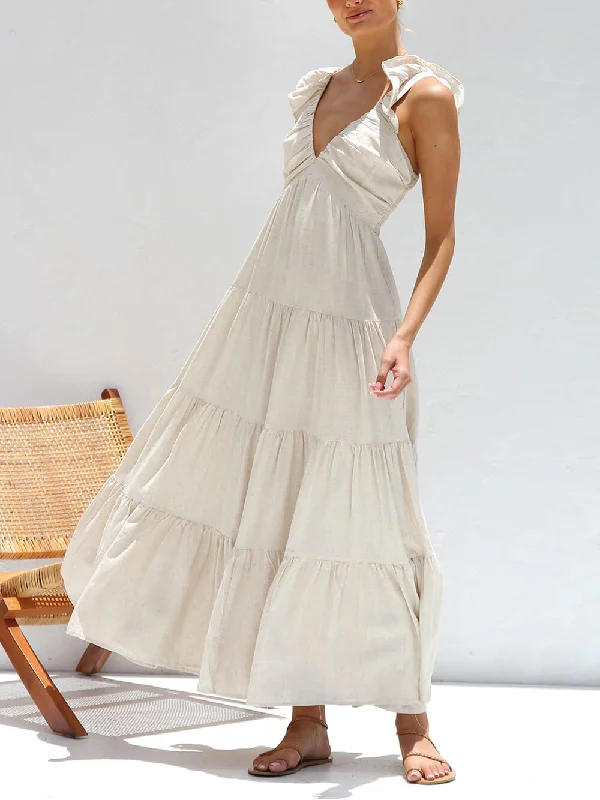Ruffled Flying Sleeves Smocked Graceful Back Tiered Vacation Maxi Dress Trendy Button Front Maxi Dress Ruffled Flying Sleeves Smocked Graceful Back Tiered Vacation Maxi Dress Trendy Button Front Maxi Dress
