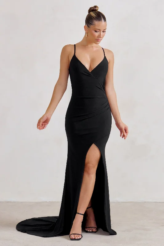 Sammi | Black Cami Plunge Wrap Maxi Dress Cozy Knitted Maxi Dress