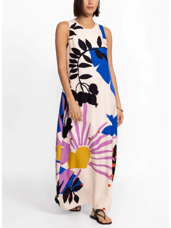Satin Art Floral Charming Print Maxi Dress Classic A-Line Maxi Dress
