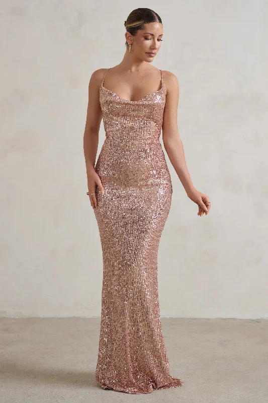 Seeing Stars | Champagne Cowl Cami Sequin Maxi Dress With Waist Tie Cozy Longline Maxi Dress Seeing Stars | Champagne Cowl Cami Sequin Maxi Dress With Waist Tie Cozy Longline Maxi Dress