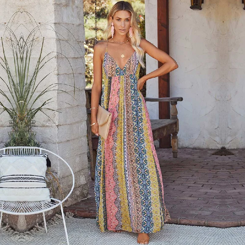Sexy Deep V Neck Bohemian Print Maxi Dress Fashionable High-Low Maxi Dress
