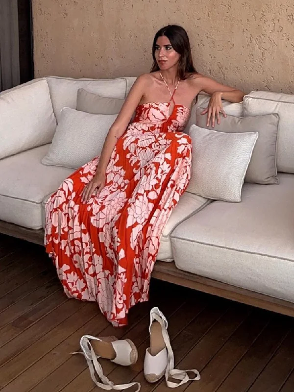 Sexy Printed Pleated Halter Maxi Dress Women Fashion Sleeveless Backless High Waist Dresses Summer Elegant Party Vacation Robe Stylish Empire Waist Maxi Dress Sexy Printed Pleated Halter Maxi Dress Women Fashion Sleeveless Backless High Waist Dresses Summer Elegant Party Vacation Robe Stylish Empire Waist Maxi Dress