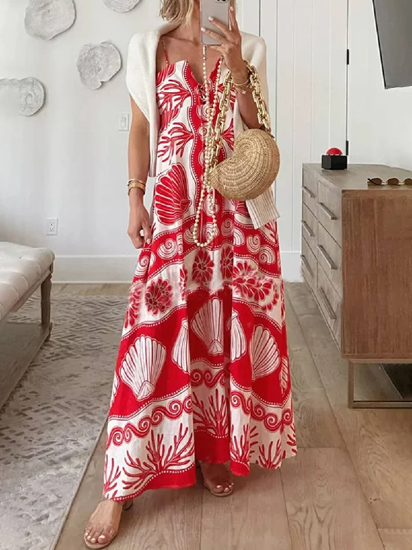 Shell Unique Print Front Graceful Lace-Up Loose Maxi Dress Elegant Maxi Dress with Pockets