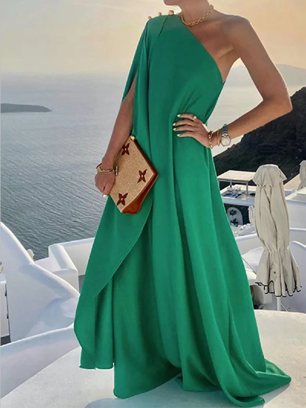 Solid Color Loose Charming One Shoulder Maxi Dress Fashionable Off-Shoulder Maxi Dress Solid Color Loose Charming One Shoulder Maxi Dress Fashionable Off-Shoulder Maxi Dress