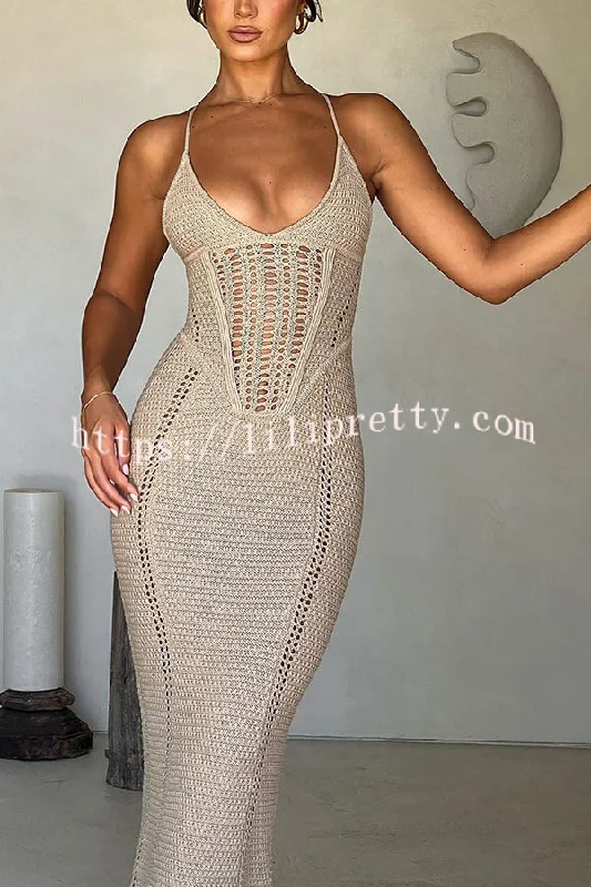 Warm Weather Favorite Knit Crochet Hollow Out Back Lace-up Stretch Maxi Dress Classic Solid Maxi Dress