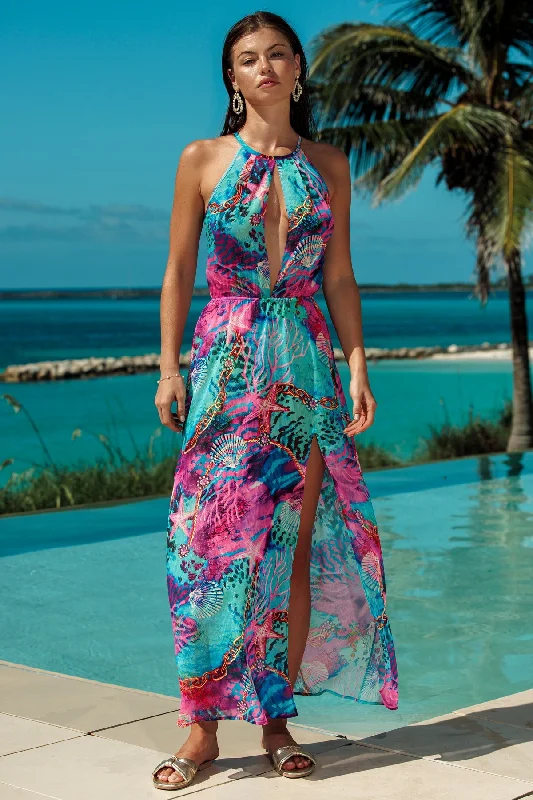 TREASURE - Halter Keyhole Maxi Dress • Multicolor Elegant Pleated Maxi Dress