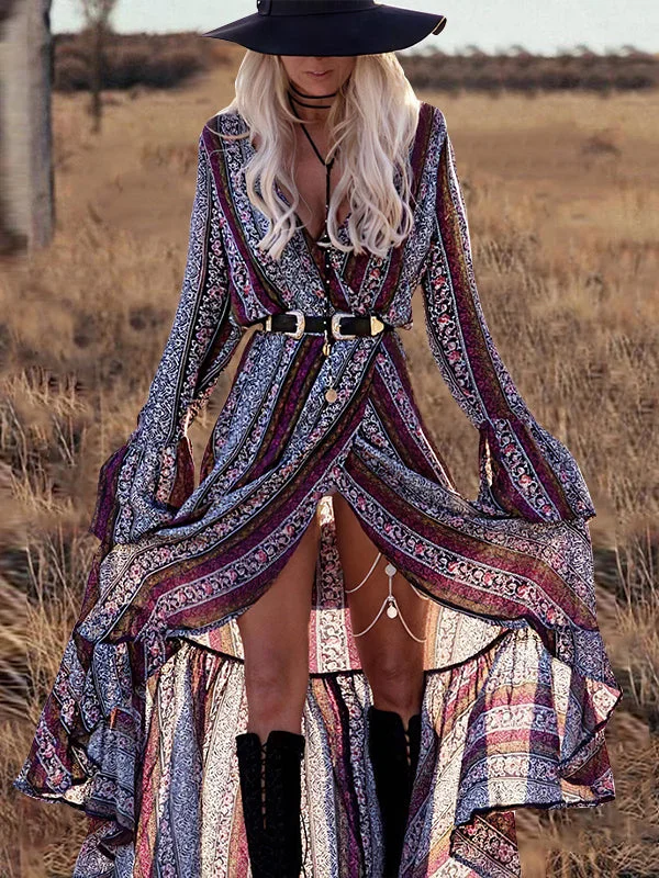 Zjkrl - Bohemian Print V Neck Bell Sleeve Maxi Dress Comfortable Maxi Dress with Slits Zjkrl - Bohemian Print V Neck Bell Sleeve Maxi Dress Comfortable Maxi Dress with Slits