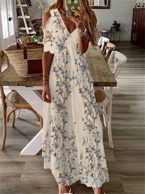 Zjkrl - Boho Floral Lace Hollow Shoulder Maxi Dress Stylish Off-Shoulder Maxi Dress