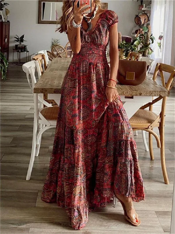 Zjkrl - Boho Floral Ruffle Tiered Maxi Dress Classic V-Neck Maxi Dress