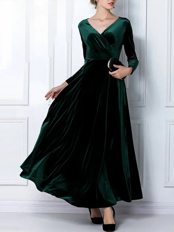 Zjkrl - Elegant Solid Long Sleeved V-neck Velvet Maxi Dresses Comfortable Flowy Maxi Dress