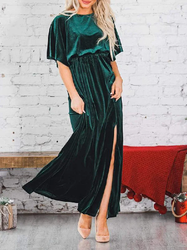 Zjkrl - Fashion Velvet Round Neck High Slit Maxi Dresses Stylish One-Shoulder Maxi Dress Zjkrl - Fashion Velvet Round Neck High Slit Maxi Dresses Stylish One-Shoulder Maxi Dress