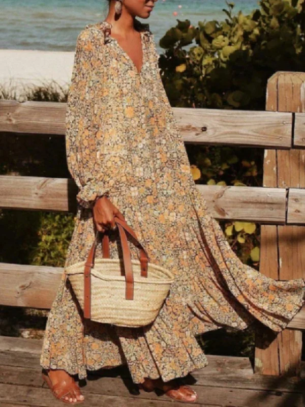 Zjkrl - Floral Bohemian V Neck Long Sleeve Maxi Dress Elegant Sleeveless Maxi Dress