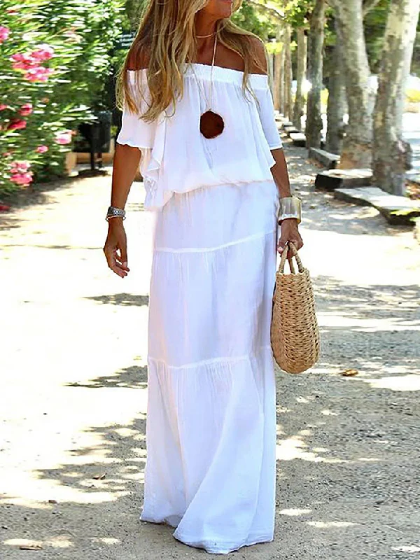 Zjkrl - Horizontal Neck White Simple Women Casual Maxi Dress Trendy Ruffled Maxi Dress Zjkrl - Horizontal Neck White Simple Women Casual Maxi Dress Trendy Ruffled Maxi Dress