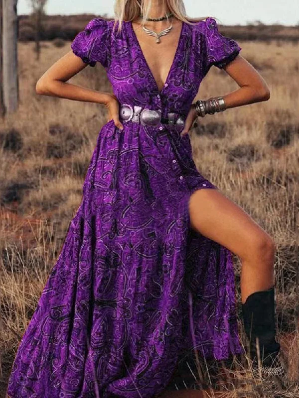 Zjkrl - Printed V Neck Short Sleeve Bohemian Resort Maxi Dress Comfortable Fit-and-Flare Maxi Dress Zjkrl - Printed V Neck Short Sleeve Bohemian Resort Maxi Dress Comfortable Fit-and-Flare Maxi Dress