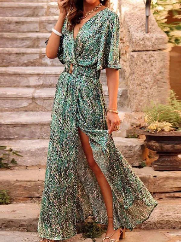 Zjkrl - Printed V-Neck Slit Maxi Dress Stylish Long Sleeve Maxi Dress