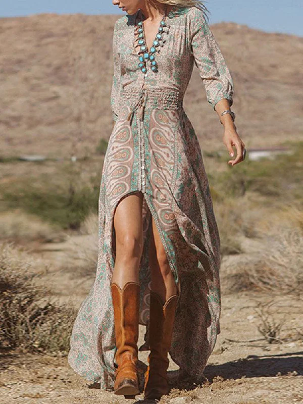 Zjkrl - Western Style Boho Print Slit Maxi Dress Trendy V-Neck Maxi Dress