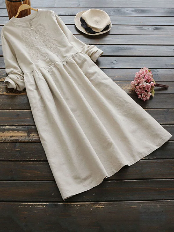 Vintage Cotton Pure Color Round Neck Button Long Sleeve Women Maxi Dress Comfortable Bohemian Maxi Dress Vintage Cotton Pure Color Round Neck Button Long Sleeve Women Maxi Dress Comfortable Bohemian Maxi Dress