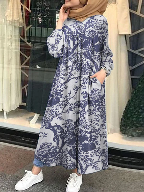 Vintage Floral Print Cotton Kaftan Tunic Muslim Pockets Women Maxi Dress Fashionable High-Waist Maxi Dress Vintage Floral Print Cotton Kaftan Tunic Muslim Pockets Women Maxi Dress Fashionable High-Waist Maxi Dress