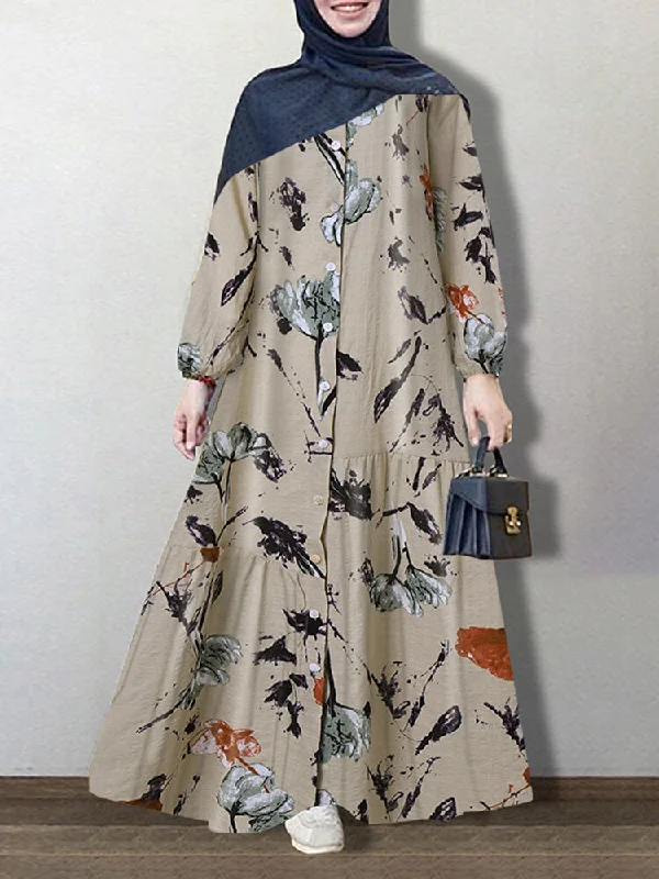 Vintage Flower Print Button Up Kaftan Long Sleeve Women Maxi Dress Cozy Spaghetti Strap Maxi Dress