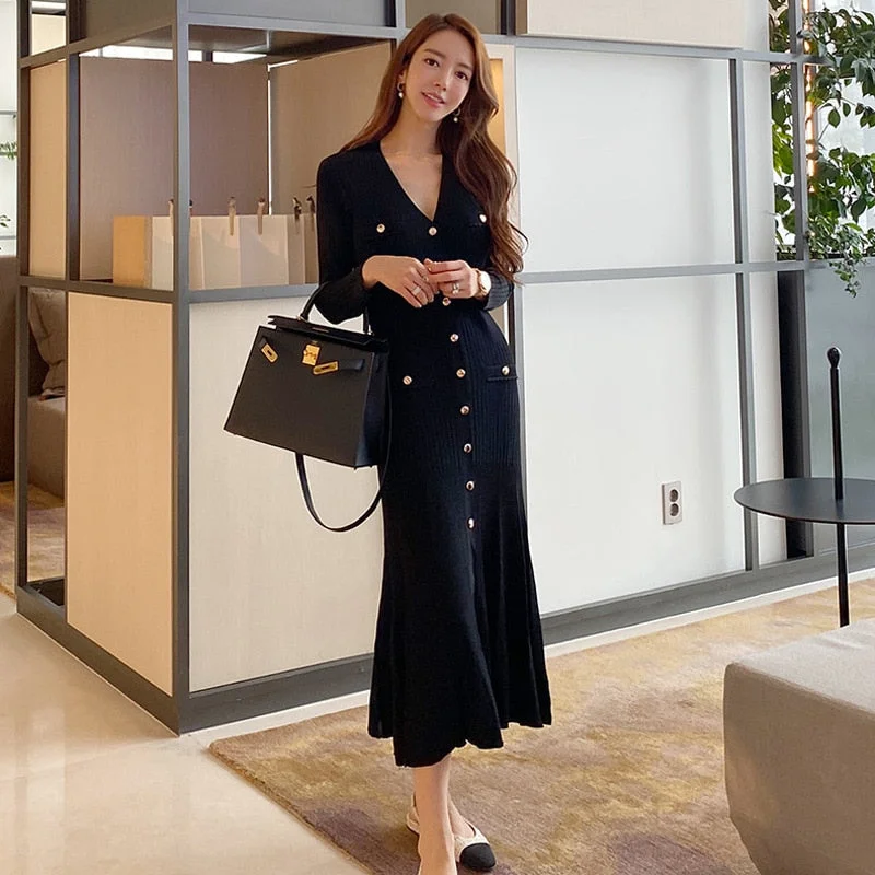 Vintage Korean Maxi Dresses for Women Party Long Sleeve V-neck Mermaid Dress Elegant Fashion Ladies Vestidos Femme Autumn 2023 Fashionable Sleeveless Maxi Dress