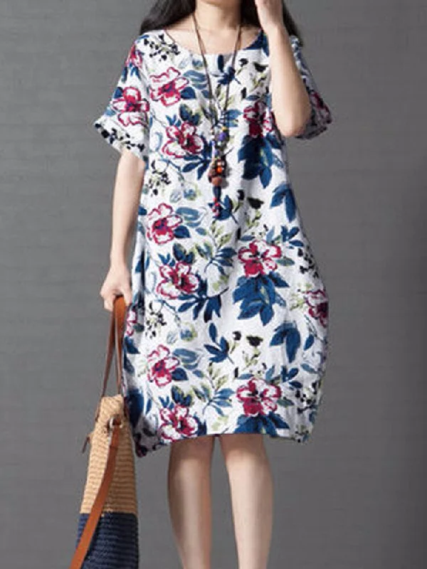 Vintage Loose Printing Short Sleeve Elegant Women Maxi Dress Trendy Maxi Dress with Lace Vintage Loose Printing Short Sleeve Elegant Women Maxi Dress Trendy Maxi Dress with Lace
